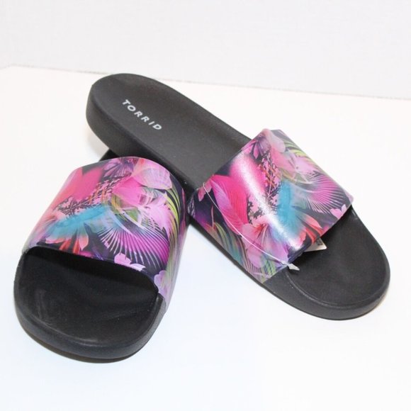 torrid Shoes - NWT Torrid Pool Slide On Floral Sandals Slides Black Plus Size 12 WW H12242